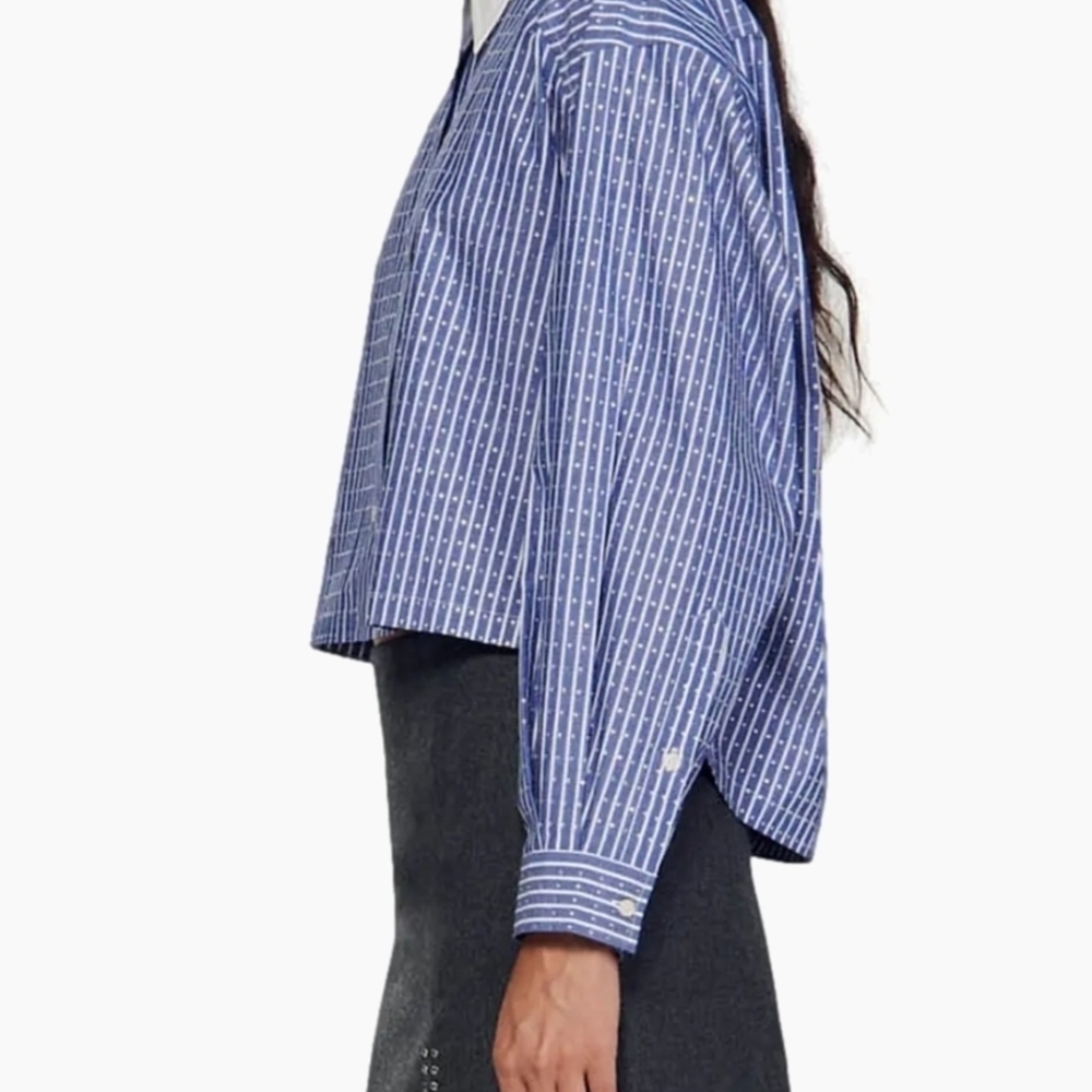 Sandro Blue Striped Button-Front Shirt with White Collar - Picture 3 of 10